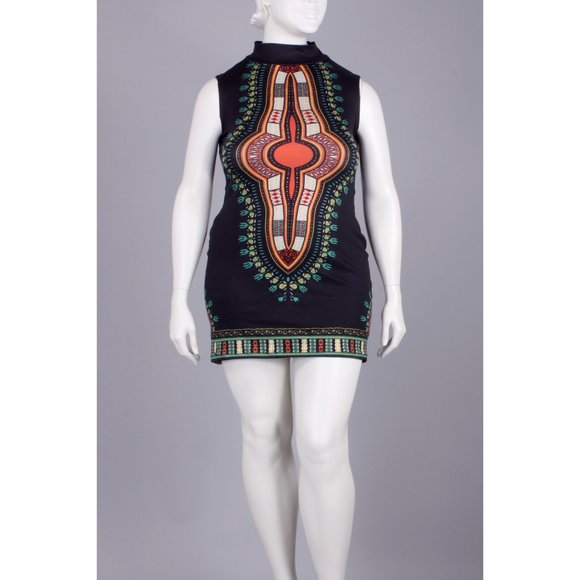 XXL Plus Vintage African Print Dashiki Mini Dress - Picture 5 of 8